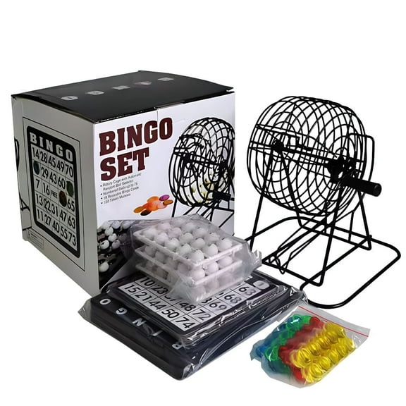 BESTSKY Deluxe Bingo Game Set with Metal Round Cage, 75 Colored Balls, 100 Cards, 500 Chips, Master Board, Raffle Lottery Draw for Parties and Large Groups