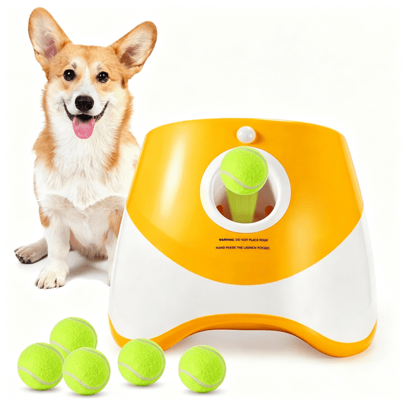 BESTSKY Dog Ball Thrower Launcher, Automatic Launcher with 6 Mini Tennis Balls, Interactive Dog Toys Indoor Outdoor Ball Thrower Machine for Small Dogs with 3 Distance Settings