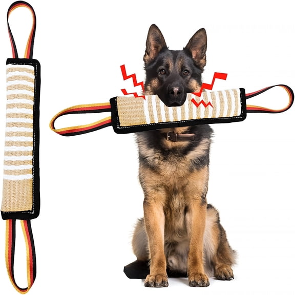 BESTSKY Dog Tug Toy with Squeaker, Jute & Cotton Bite Pillow for Medium Large Dogs, Interactive Training Equipment with Dual Handles, Durable Pull Toy for Tug of War, Fetch & Indoor Play