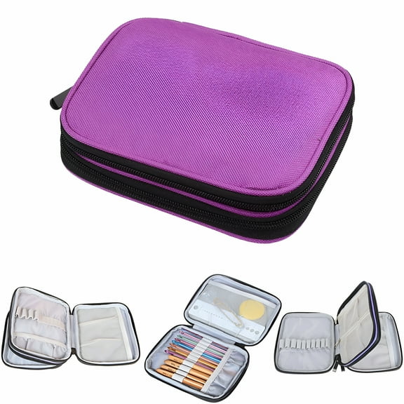 BESTSKY Double Zipper Crochet Hooks Storage Bag Knitting Needles Case 12 Pockets Purple