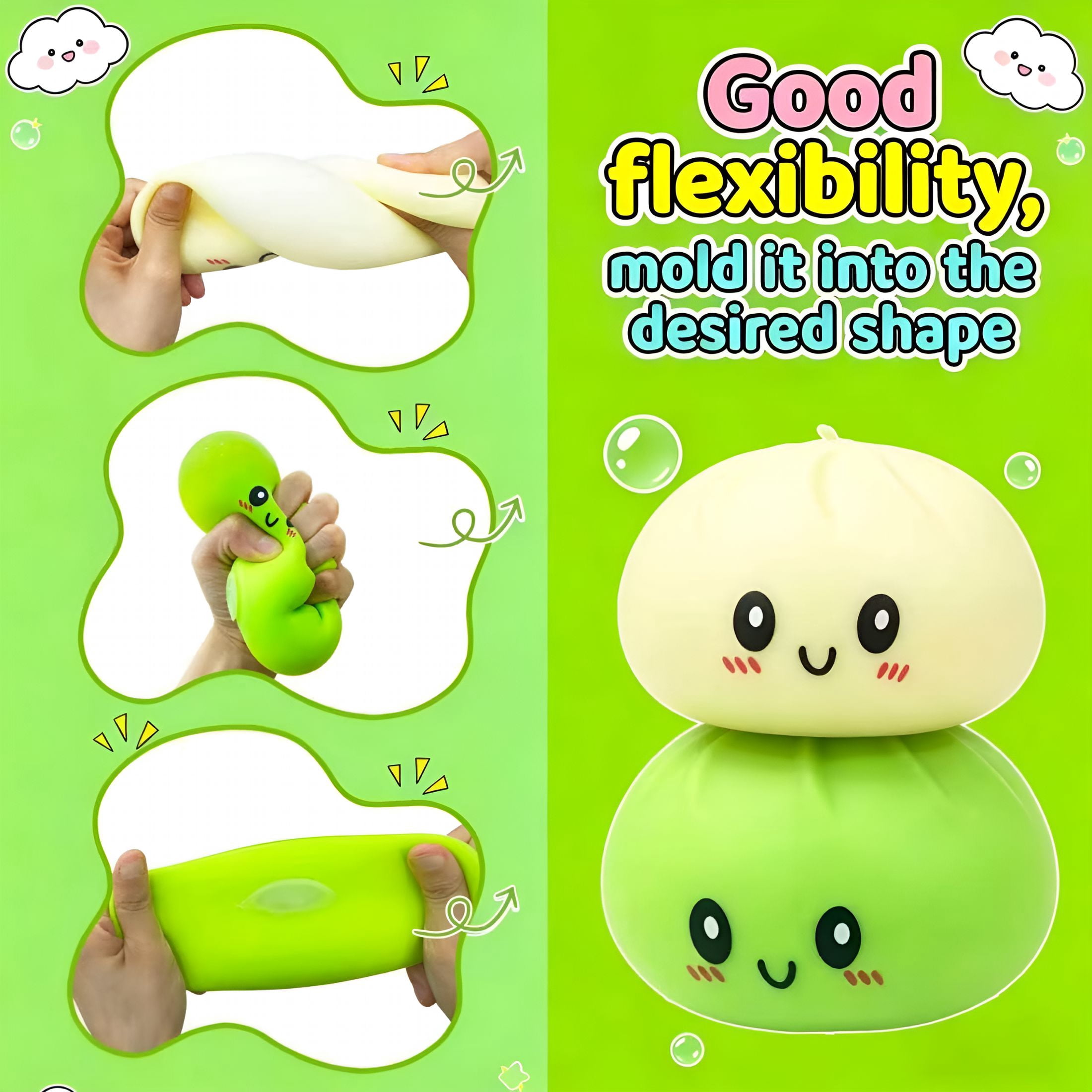 BESTSKY Dumpling Toys for Teens&Adults,Stretchy Squeeze Dough Ball,Sensory Stress Ball Squeeze Toys for Stress Relief（White and Green）
