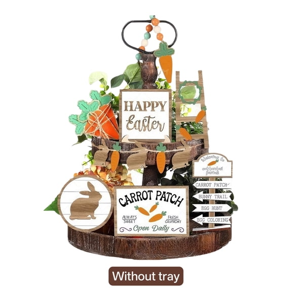 BESTSKY Easter Decor set,Carrot,Bunny,Egg Tiered Tray Easter Decorations,Wooden Creativity Easter Decorations for Home,Spring Decor for Kitchen and Living Room