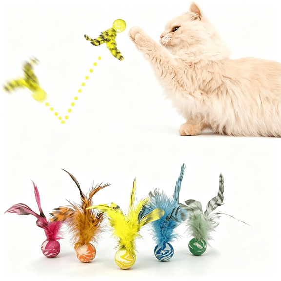 BESTSKY Feather Chase & Fetch Balls for Indoor Cats - 5 Pack Durable Rubber Cat Toys with Natural Feathers, Interactive Exercise & Hunting Play, Bouncy Balls for Active Kittens and Adult Cats