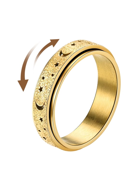 Fidget Spinner Ring For Men And Women,Quiet Spin Anxiety Relief Fidget Rings Stainless Steel Rings With Moon Star Pattern,Stylish Fidget Ring Women,Gold,Size 6