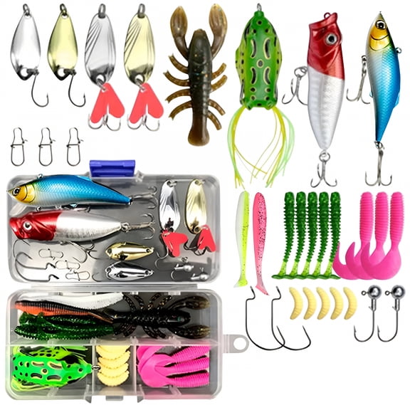 BESTSKY Fishing Tackle Box Kit with Soft Lures Hooks Weights & Vib Accessories for Bass Walleye Trout - Portable Fishing Gear Set with Guide, Freshwater Saltwater Bass Fishing Kit for Beginners