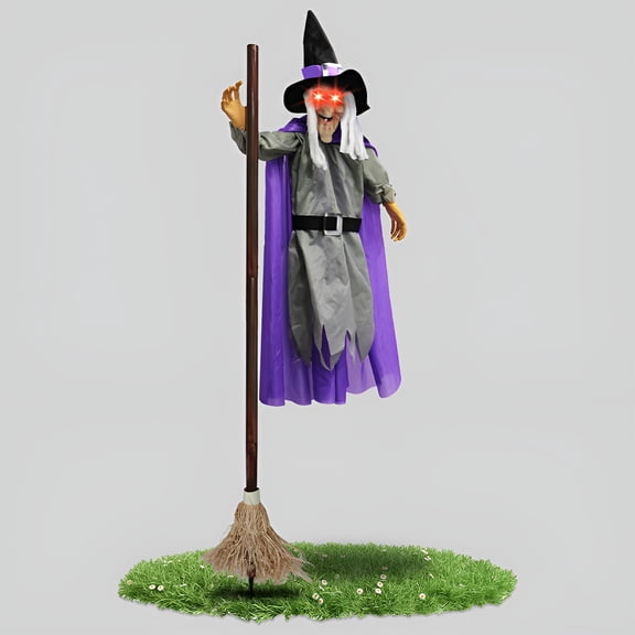 BESTSKY Flying Witch Halloween Decor on Broom, Animated Hovering Witch Decorations Outdoor Scary Flying Hover Witch, Animatronics Halloween Props with Scary Sounds and Lights