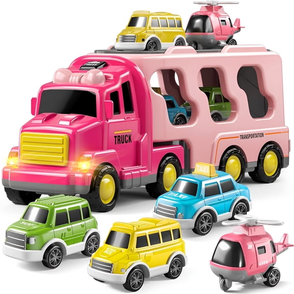 BESTSKY Girls Toddler Truck Toys for 3 4 5 6 Year Old Girls,5-In-1 Friction Power Vehicle Car Toy for Toddlers 3-6,Carrier Toys for Kids 3-5,Christmas Birthday Gifts for Girls Age 3-8