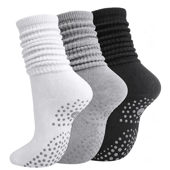 BESTSKY Grip Pilates Socks for Women, Slouch Scrunch Yoga Barre Socks | Size Us 5-10,3 Pairs,Non-Slip,Arch Support, Adjustable Length,For Barre Hospital Workout