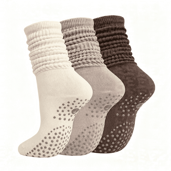 BESTSKY Grip Pilates Socks for Women, Slouch Scrunch Yoga Barre Socks | Size Us 5-10,3 Pairs,Non-Slip,Arch Support, Adjustable Length,For Barre Hospital Workout