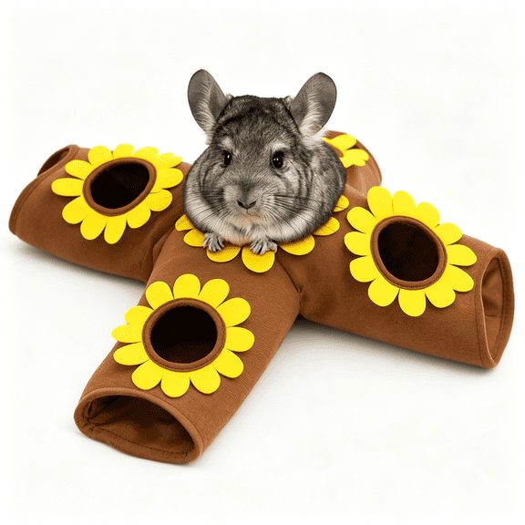 BESTSKY Guinea Pig Hideout and Toys,4-Way Collapsible Small Pet Tunnels and Tubes with Sunflower Peepholes for Bunny Rabbit Ferret Hamster Ch"Illa Hedgehog Hiding and Resting,26.4In LongBrown