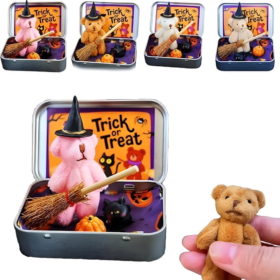 BESTSKY Halloween Bear in A Box for Trick Or Treat - Little Bear Gift with Wizard Hat & Broom, Halloween Party Favor, Halloween Toy Gift for Family & Friends - Pink