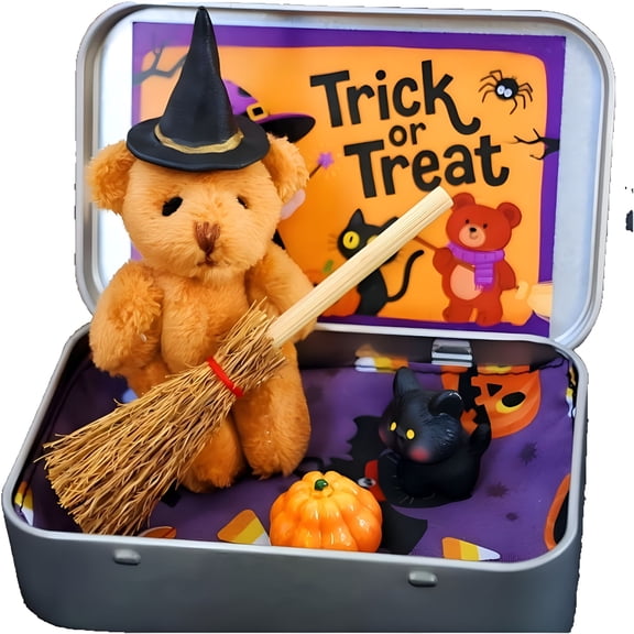 BESTSKY 2026 New Halloween Bear in A Box for Trick Or Treat,Mini Plush Bear with Pumpkin,Home Decor Plush for Kids,Bedroom,Playroom,Nursery(Brown)
