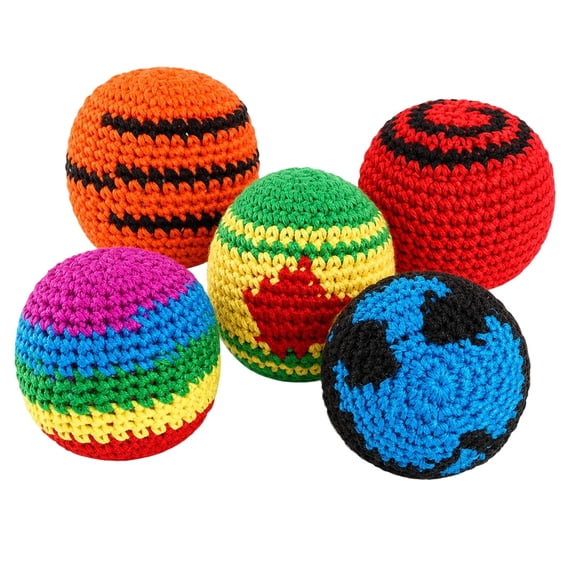 BESTSKY Hand Woven Footbag Kick Sacks, 5 Pack Assorted Crochet Hackey Sacks, Soft Knit Sandbags for Kids Adults, Indoor Outdoor Juggling Kick Ball Games, Geometric Pattern Footbag Toys