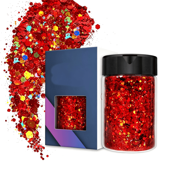 BESTSKY Holographic Chunky Glitter 4.9Oz/ 140G Red Glitter Craft Roses Glitter | Mixed Chunky Flakes Iridescent Nail Sequins for Nail Art,Hair,Epoxy Resin,Tumbler,Slime,Painting,Festival Decor