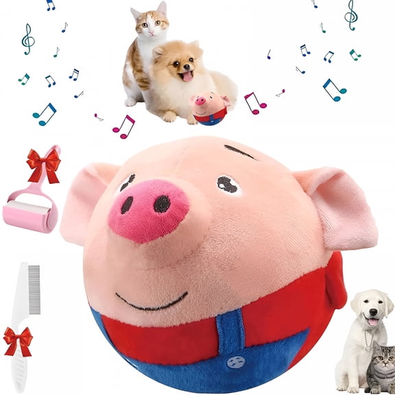 BESTSKY Interactive Bouncing Piggy Dog Toy, Washable Electronic Herding Ball with Sound, Moving Plush Cartoon Pig for Dogs, Self-Moving Shake and Bounce Pet Toy