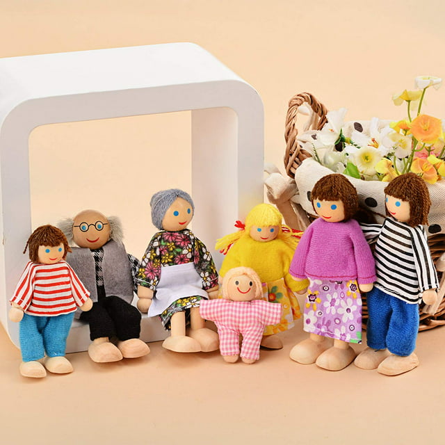 BESTSKY  Kids Girls Lovely Happy Dolls Family Playset Wooden Figures Set of 7 People for Children Dollhouse Pretend Gift