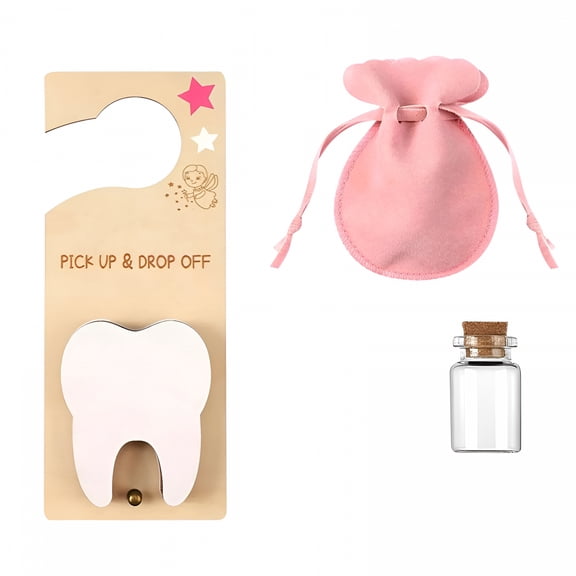 BESTSKY Kids Tooth Fairy Kit with Wooden Door Hanger | Glass Memory Bottle | Velvet Storage Pouch - Baby Teeth Keepsake Collection Set | Dental Care Educational Gift for Children