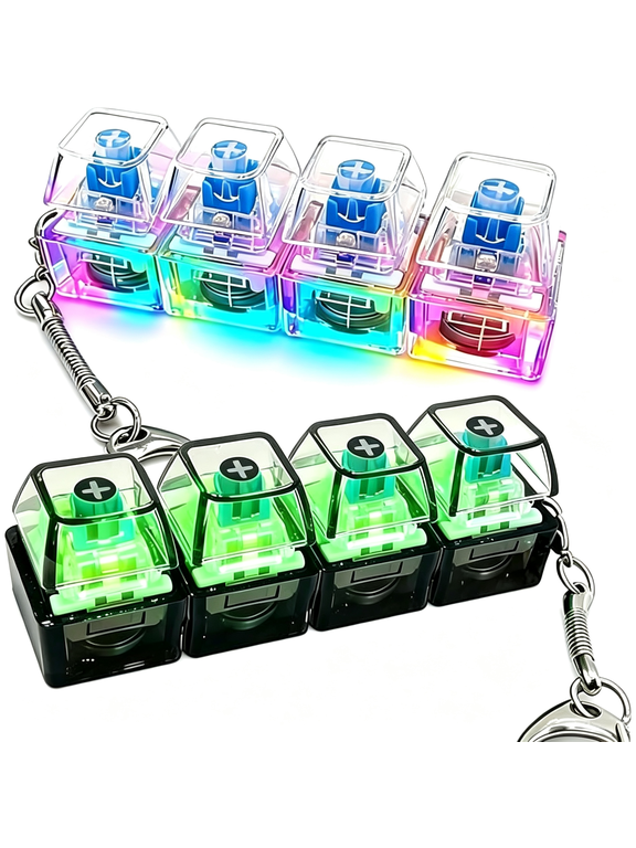 LED Mechanical Keyboard Fidget Toy 4-in-1 Keyboard Clicker Mini Keychain Light Up Stress Relief Fidget Toy for Kids Adults Gift keyboard fidget toy (2 Colors)
