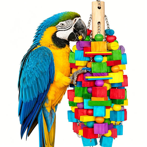 BESTSKY Large Bird Toy, 20 in XL Parrot Toys Natural Wood Blocks Bird Chew Toy for Foraging, Stainless Steel Chain Hanging Cage Toy for Macaws, Cockatoos, African Greys and Large Parrots-1.65 lb