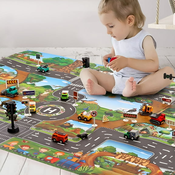 BESTSKY Large City Life Play Mat for Kids, Educational Road Traffic Rug with Non-Slip Backing, Interactive Toy Car Floor Mat for Baby Toddler Learning