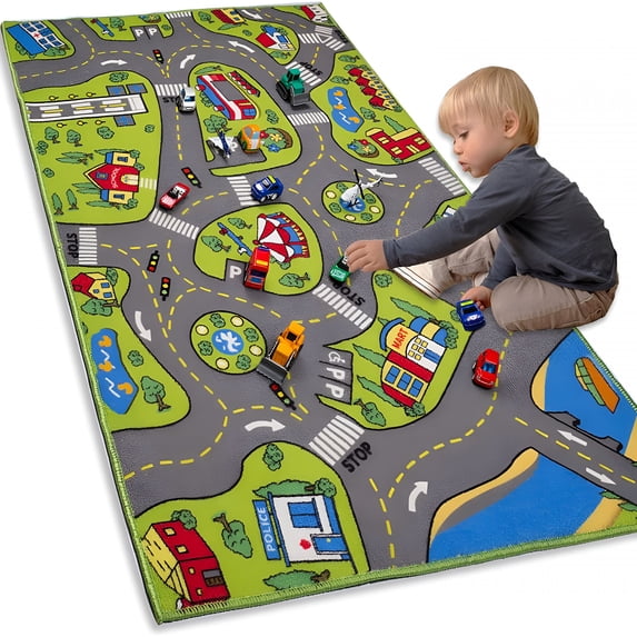 BESTSKY Large Kids Carpet Playmat Rug 52 x 32 with Non-Slip Backing, City Life Play Mat for Playing with Car Toy, Game Area for Baby Toddler Kid Educational Learn Road Traffic in Bedroom