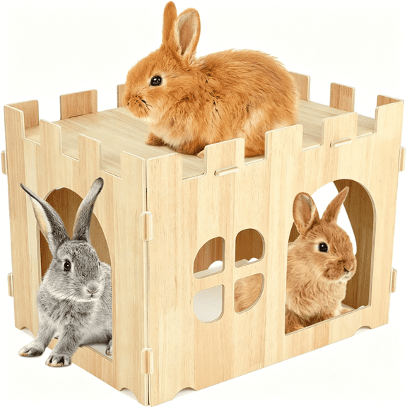 BESTSKY Large Wooden Rabbit House and Hideouts Bunny Castle Detachable Small Animal Play Hideaway Rabbit Hideout Cage Accessories for Indoor Adult Rabbit Guinea Pig Chinchilla Habitat