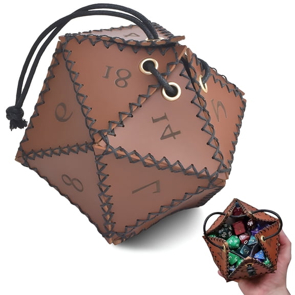 BESTSKY Leather D20 Polyhedral Dice Bag with Drawstring, Portable RPG Board Game Storage Pouch for Tabletop Gamers, Dice Enthusiasts, and Accessories
