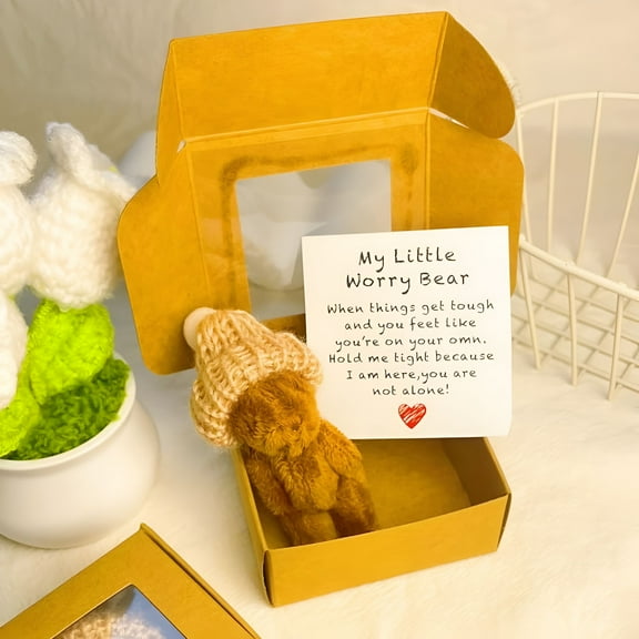BESTSKY Little Bear in Box, My Little Worry Bear in A Box, Pocket Bears Hug, Handmade Mini Plush Teddy Bears with Hat, Send A Friend Stuffed Animals Sympathy Gift with Inspirational Card (Coffee)