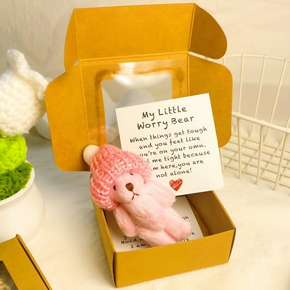 BESTSKY Little Bear in Box,My Little Worry Bear in a Box,Pocket Bears Hug,Handmade Mini Plush Teddy Bears with Hat,Send a Friend Stuffed Animals Sympathy Gift with Inspirational Card (Pink)