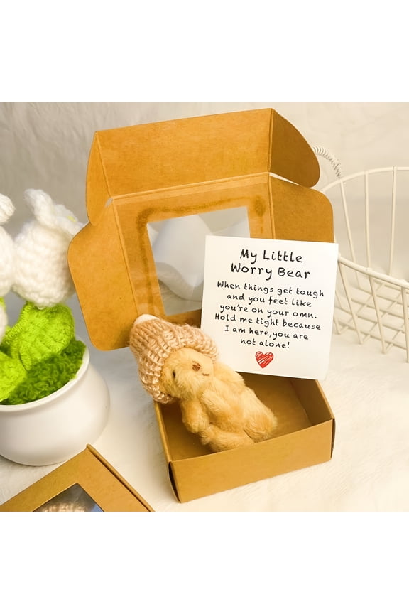 Little Bear in Box,My Little Worry Bear in a Box,Pocket Bears Hug,Handmade Mini Plush Teddy Bears with Hat,Send a Friend Stuffed Animals Sympathy Gift with Inspirational Card (Brown)