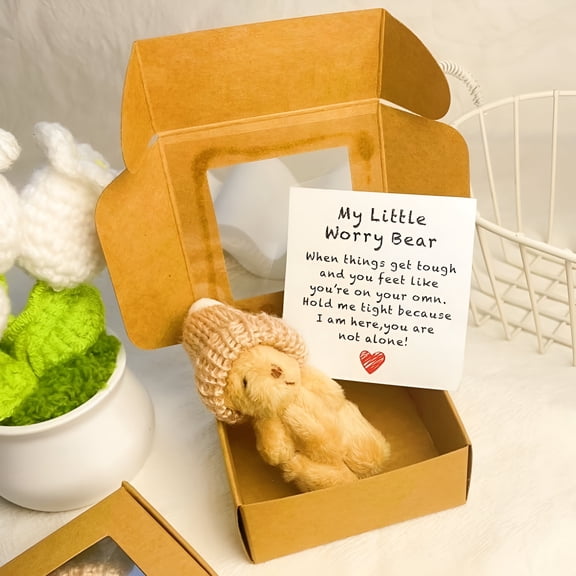 BESTSKY Little Bear in Box,My Little Worry Bear in a Box,Pocket Bears Hug,Handmade Mini Plush Teddy Bears with Hat,Send a Friend Stuffed Animals Sympathy Gift with Inspirational Card (Brown)