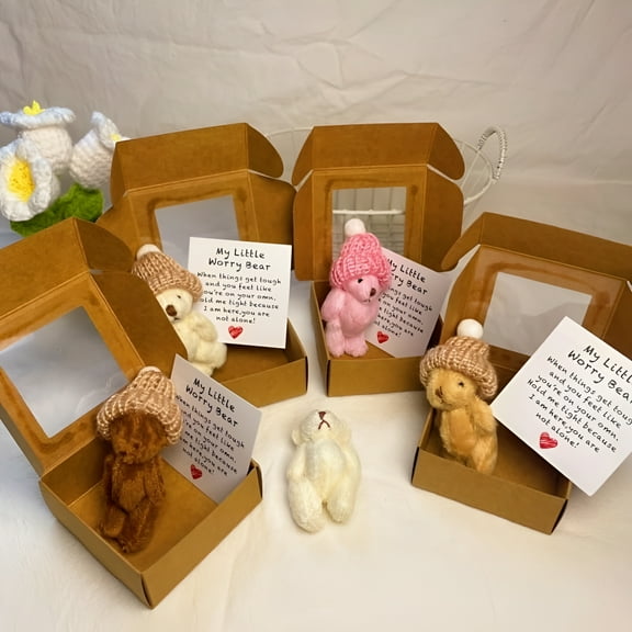 BESTSKY Little Bear in Box,My Little Worry Bear in a Box,Pocket Bears Hug,Handmade Mini Plush Teddy Bears with Hat,Send a Friend Stuffed Animals Sympathy Gift with Inspirational Card (1 Set)