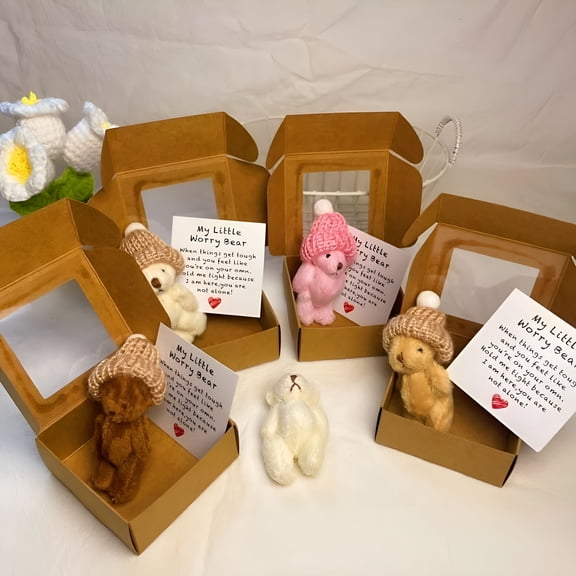 BESTSKY Little Bear in Box - My Little Worry Bear with Hat, Handmade Mini Plush Teddy Bear in Gift Box with Inspirational Card, Pocket Sized Stuffed