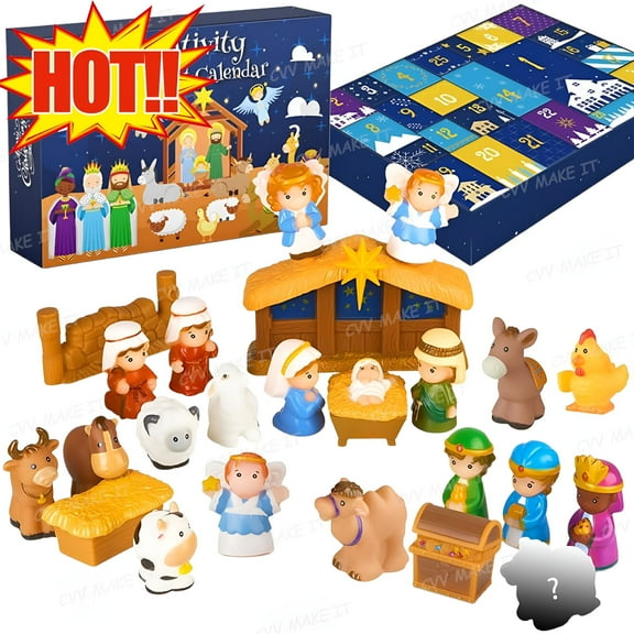 BESTSKY Little People Advent Calendar 2025 Nativity Advent Calendar 2025 Kids Christmas Story Nativity Playset Christian Advent Calendar for Toddlers Kids 25Pcs Nativity Scene Set Toys
