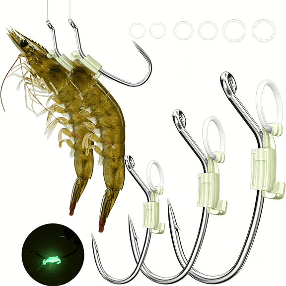 BESTSKY Luminous Live Shrimp Hooks - High Carbon Steel Fishing Hooks Saltwater Corrosion Resistant Barbed Strong Hooks Freshwater Shrimp Walker,Ideal for Bass,Groupers,Pike,Catfish & More