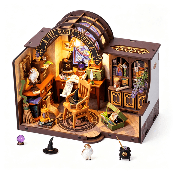 BESTSKY Magic Study Miniature House Kit, DIY Miniature Dollhouse Kits for Adults, Wizard Mini House Craft Kits for Women with LED, Halloween Christmas Birthday Gift for Adults (The Magic Study)