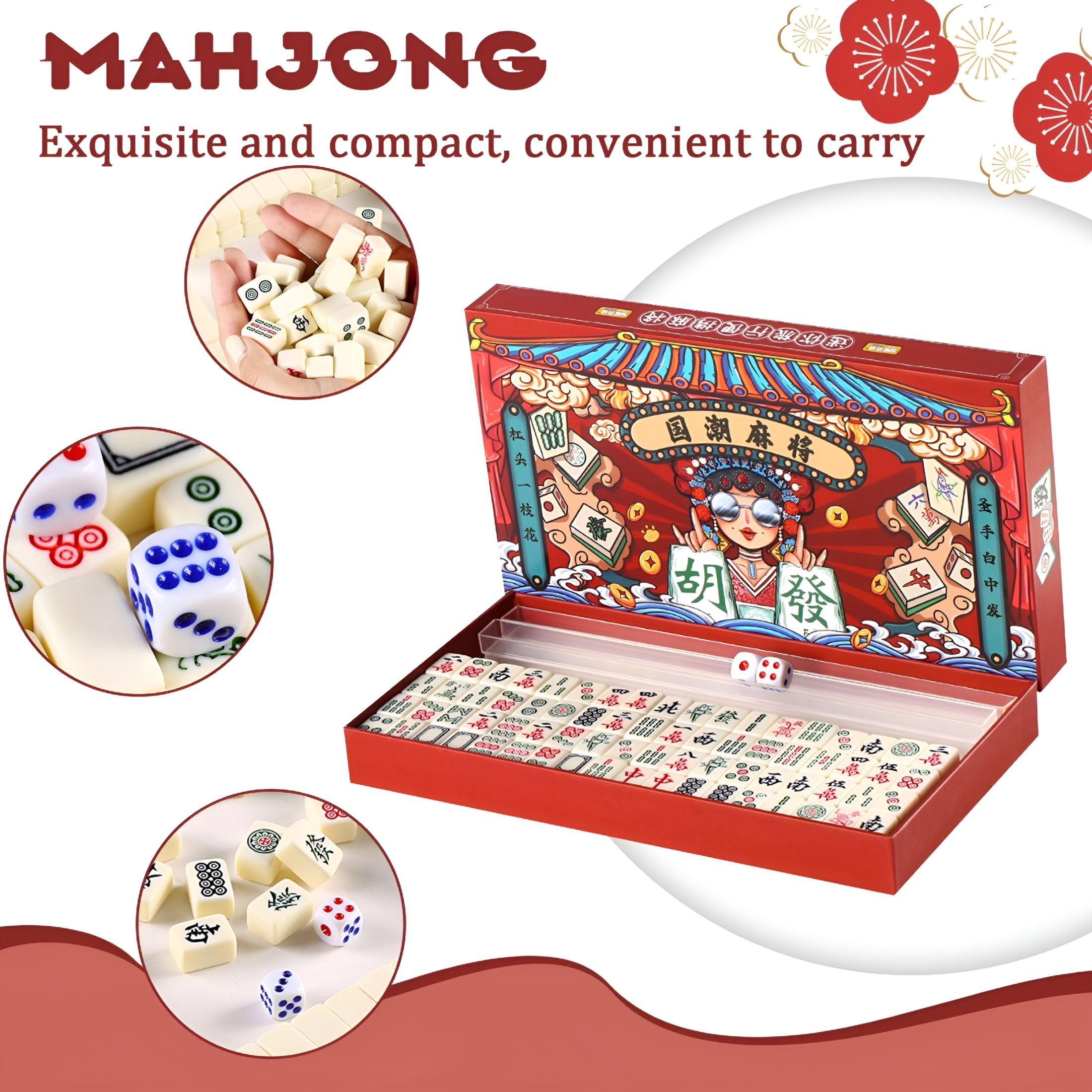 BESTSKY Mahjong Set - 166 White Tiles with Printed Bag,4 All-in-One Racks & Pushers - Complete Game Set