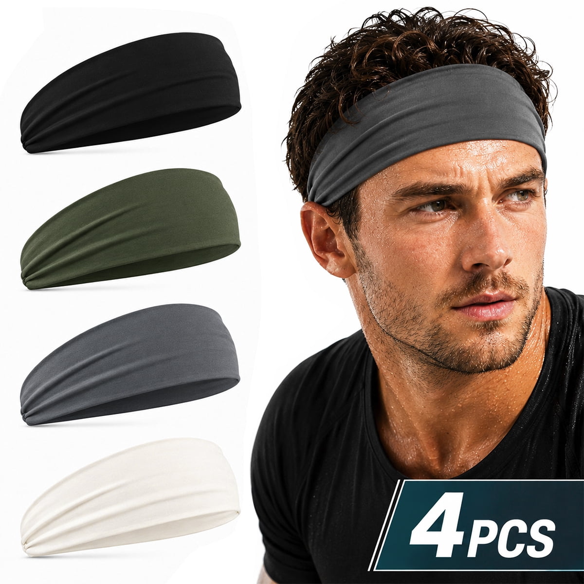 Kabuer Mens Headbands Sports Headband for Men Work Out Sweatband for Men Sweatband Sports Headband for Running Cycling Yoga Basketball Stretchy Moisture Wicking Unisex Hairband 4 Pack