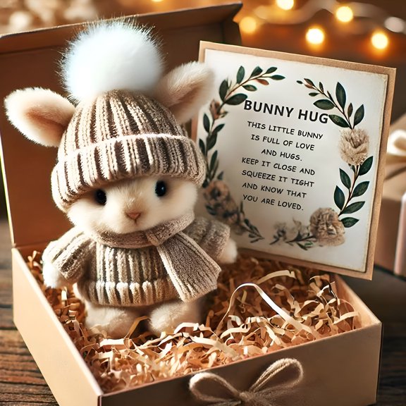 BESTSKY Mini Bunny Hug Cute Easter Gift,Handmade Emotional Support Positive Bunny,Adorable Knitted Rabbit with Cozy Hat and Inspirational Card,Gift for Bunny Lovers