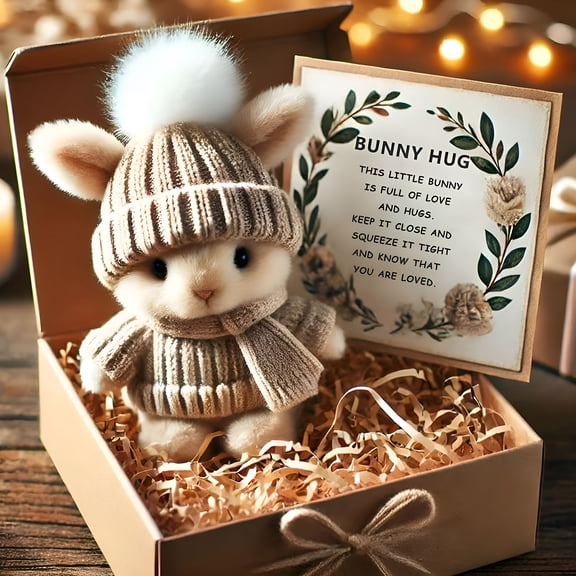 BESTSKY Mini Bunny Hug Emotional Support Plush, Handmade Knitted Rabbit with Inspirational Card, Cute Pocket Hug Gift for Kids, Friends, Easter, Birthday, Stress Relief