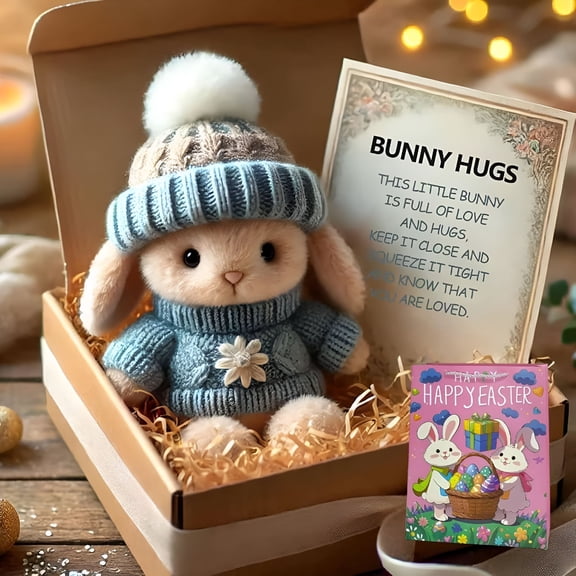 BESTSKY Mini Bunny Hug Pocket Hug, Handmade Emotional Support Rabbit with Knitted Hat, Cute Plush Bunny in Box with Card, Soft Stuffed Animal Easter Gift for Desk Decor