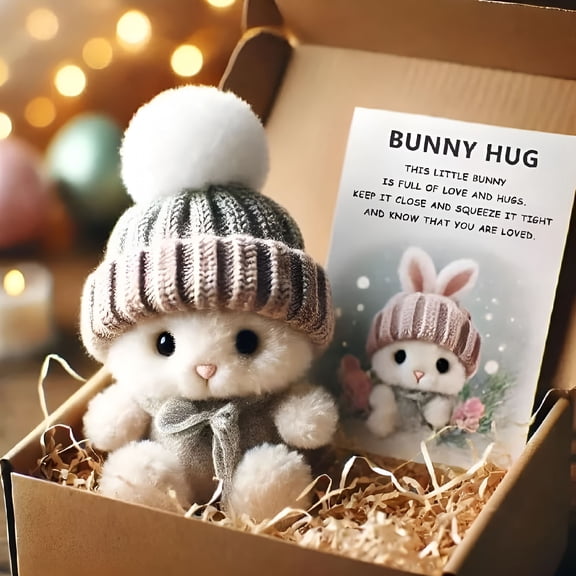 BESTSKY Mini Bunny Pocket Hug Gift Box with Card, Cute Small Plush Rabbit with Knitted Hat, Sentimental Easter Basket Stuffer, Valentine's Day Gift for Friends and Family