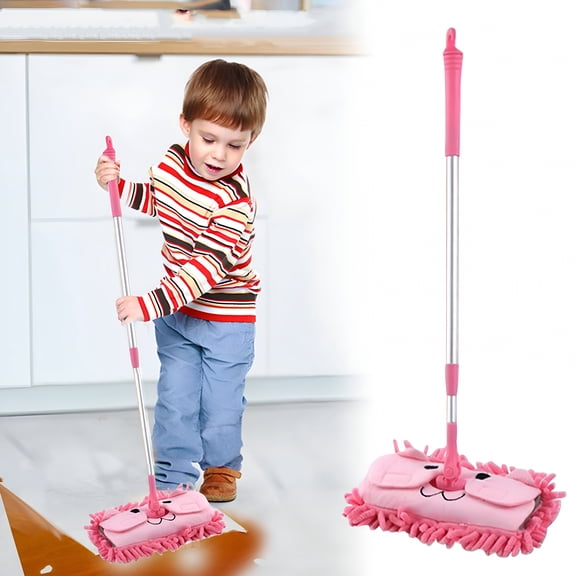 BESTSKY Mini Chenille Mop for Toddlers, 360 Degree Rotation Kids Cleaning Toy, Detachable Role Play Dust Mop with Extension Handle, Cute Cartoon Microfiber Flat Mop for Children