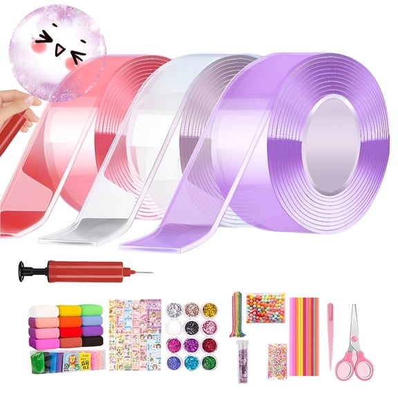 BESTSKY Nano Bubble Tape Kit with Glitter and Inflator,Nano Tape Plastic Bubbles DIY Craft Kit,Fidget Party Favors Toys,3PCS