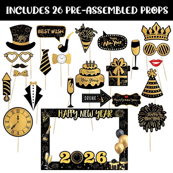 BESTSKY New Year Photo Props, New Years Photo Booth Props, 2026 New Year Photo Prop Set 26 Pre-Assembled Handheld Props for New Year's Eve Decorations Funky Handheld Photo Props 26Pcs