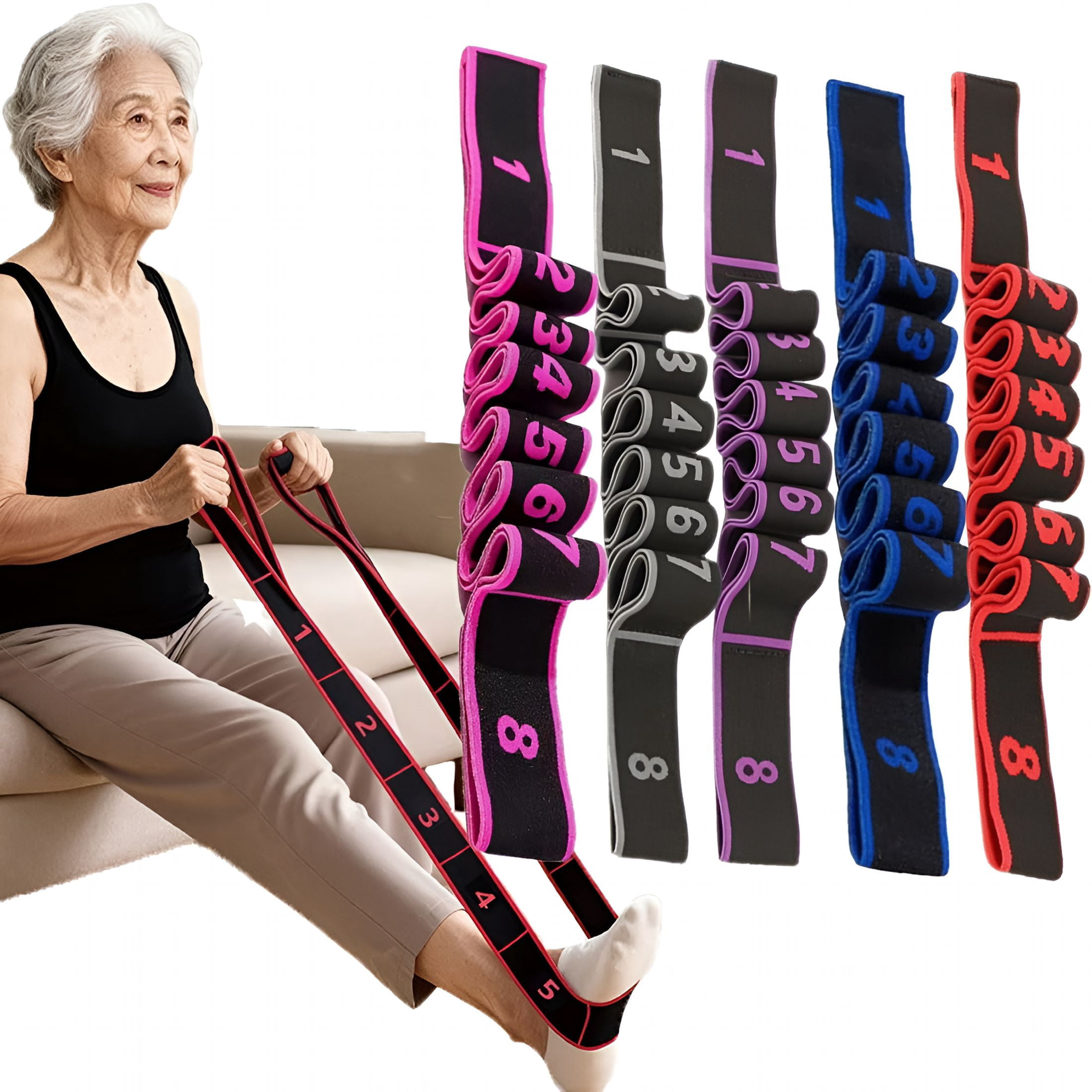 BESTSKY Numbered Resistance Band for Seniors,Fitness Resistance Band for Stretching and Yoga,8 Section Number Elastic Stretch Strap,With Hand Grippers,For Glutes Legs Training,For Women Men
