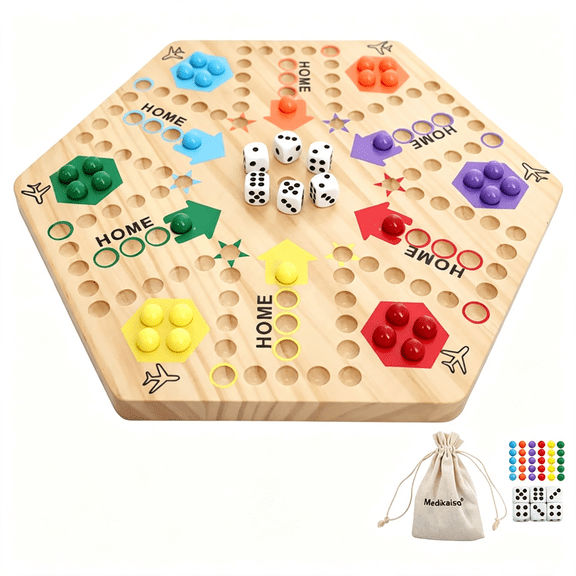 BESTSKY Original Marble Game Wahoo Board Game Double Sided Painted Wooden Fast Track Board Game for 6 and 4 Players 6 Colors 24 Marbles 6 Dice for Family Friends