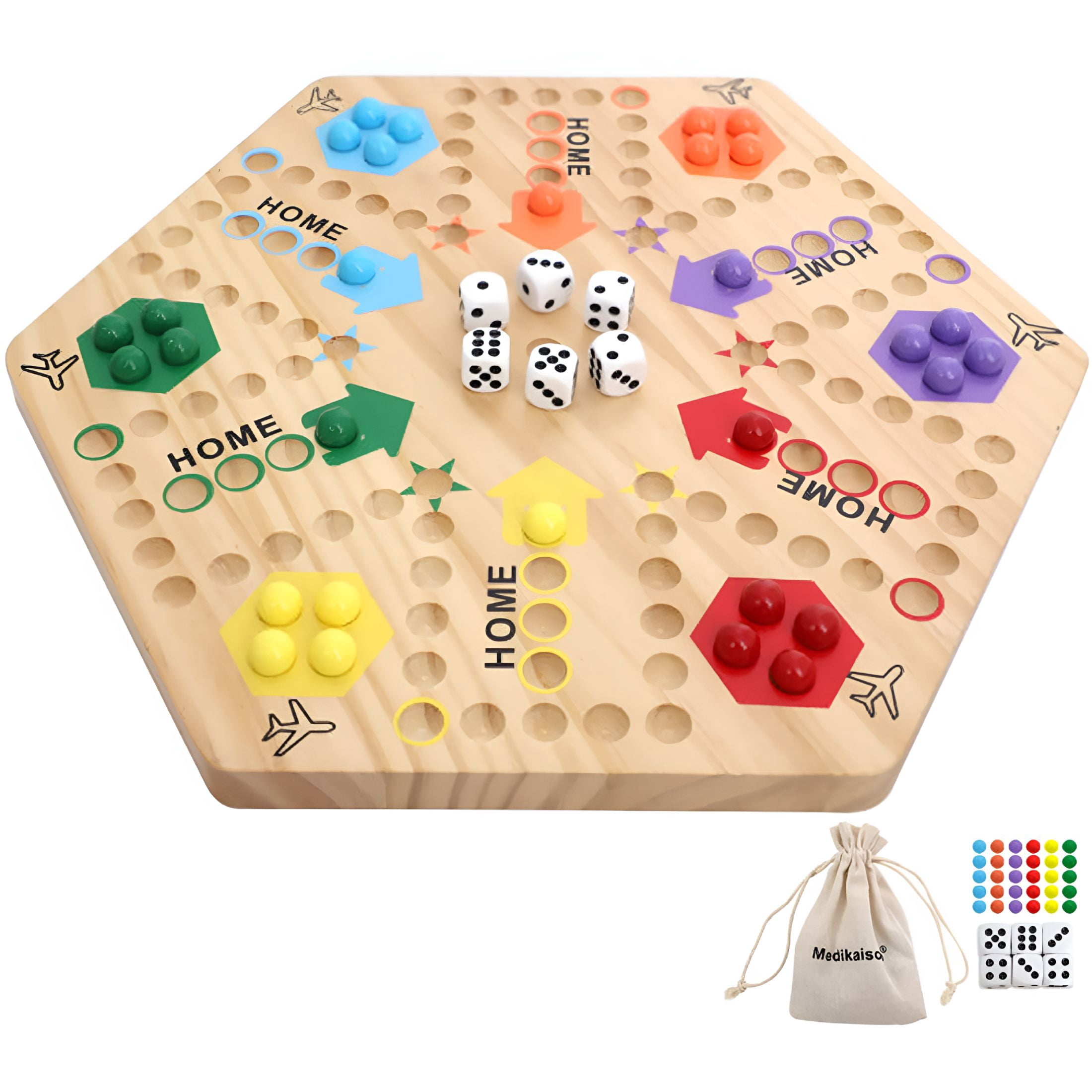 BESTSKY 2026 New Original Marble Game Board Game Double Sided Painted Wooden Fast Track Board Game for 6 and 4 Players 6 Colors 24 Marbles 6 Dice for Family Friends