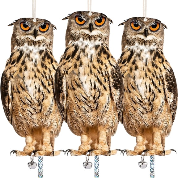 BESTSKY Owl to Keep Pigeon S Away, 3 Pack Pigeon Scare Fake Owl | Reflective Hanging Owls Decoration, Dual-Side Printed Owls to Keep Pigeon Squirrel Woodpecker Away from Patio Garden