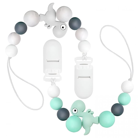 XIRQI 2 Pack Food Grade Silicone Pacifier Clip for Baby Teething Toys Green+Grey